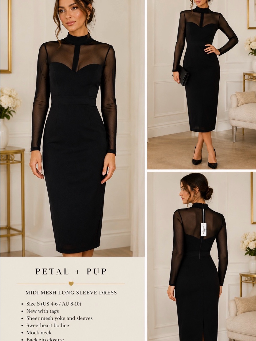 petal + pup Black Mesh Mock Neck Bodycon Midi Dress Size US 5
